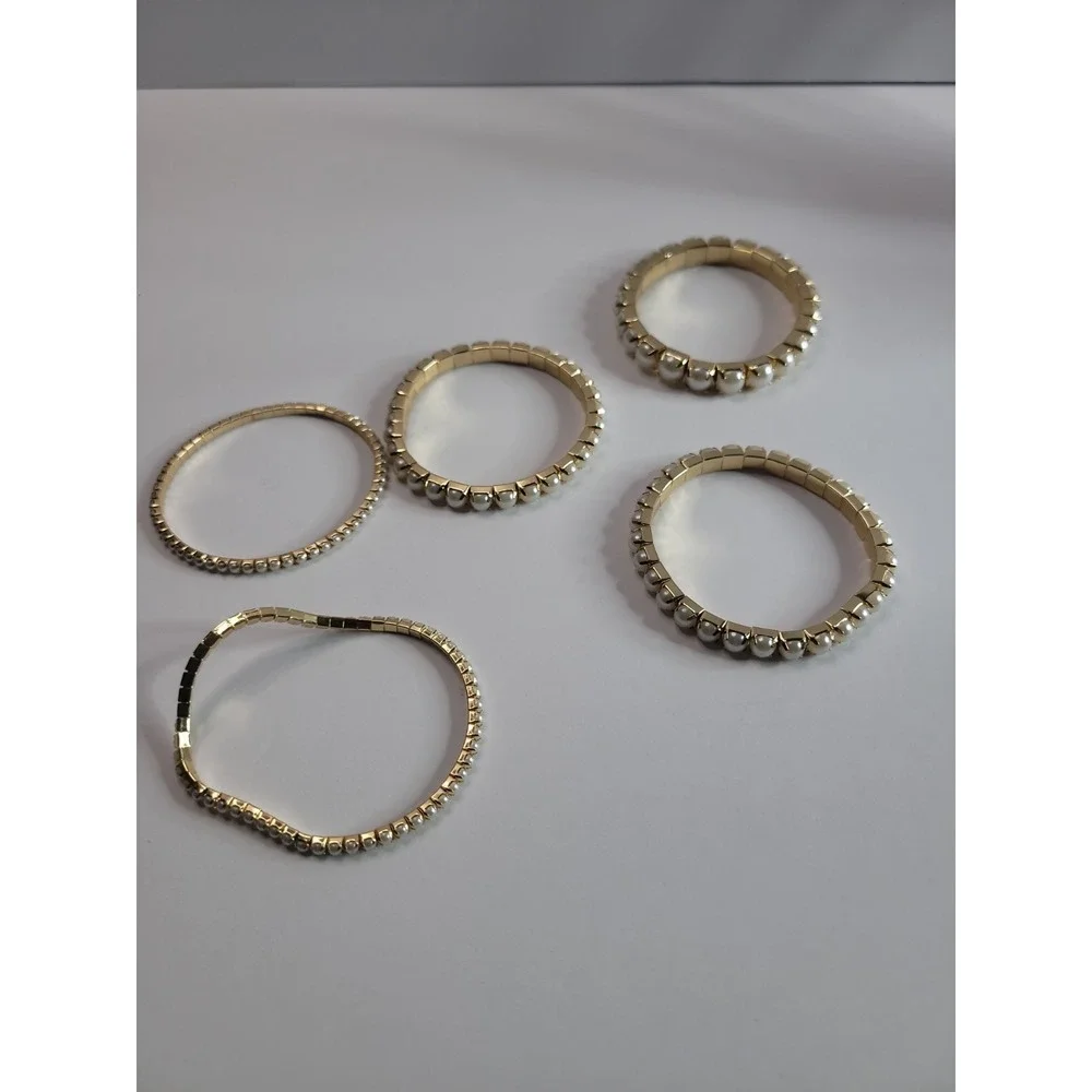 Lot of 5 Gold Tone White Beaded Stretch Bracelets Stackable Bundle